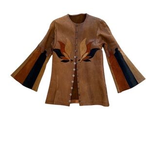 VTG 70s East West Musical Instruments Brown Leather Jacket with Bell Sleeves SS